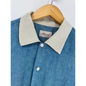 Brioni Sport Button Down Shirt Mens XL Blue 100% Linen Contrast Collar Italy